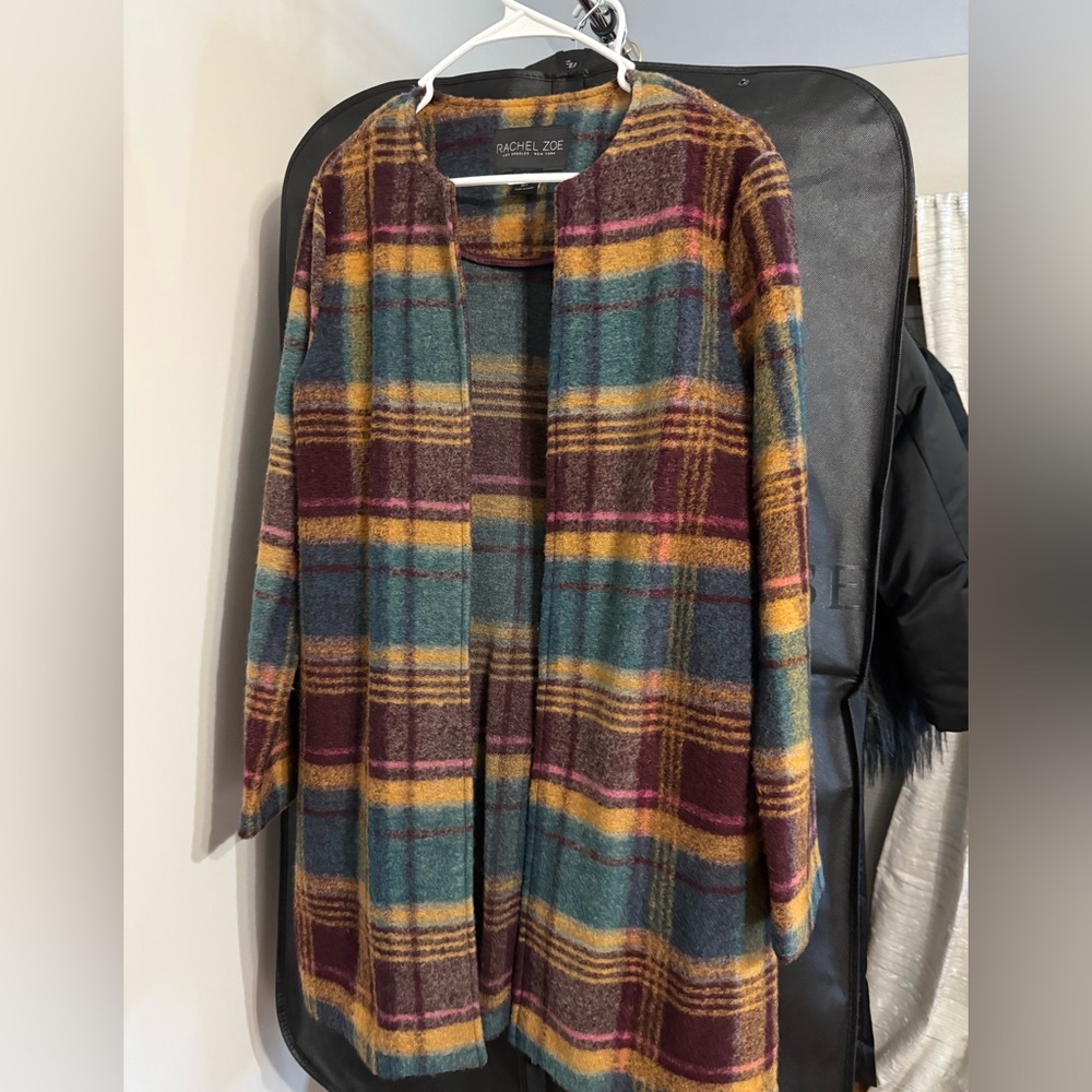 Rachel Zoe Teal, Mustard & Burgundy Plaid Open-Front Sweater Coat